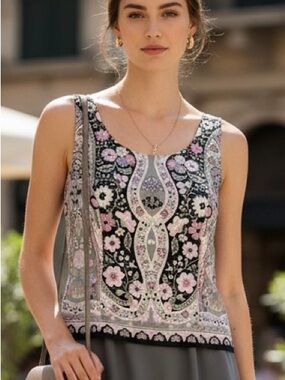 100% Liquid Silk Black & Pink Paisley Floral Scoop Tank